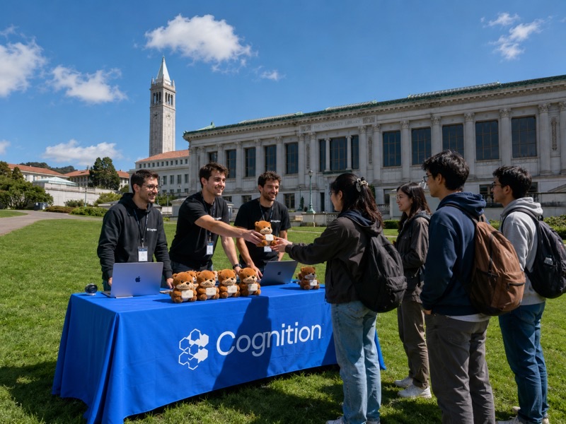 Cognition booth on a sunny campus lawn with students receiving otter plushies