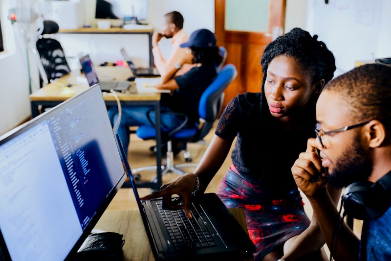 Two developers pair programming on a project
