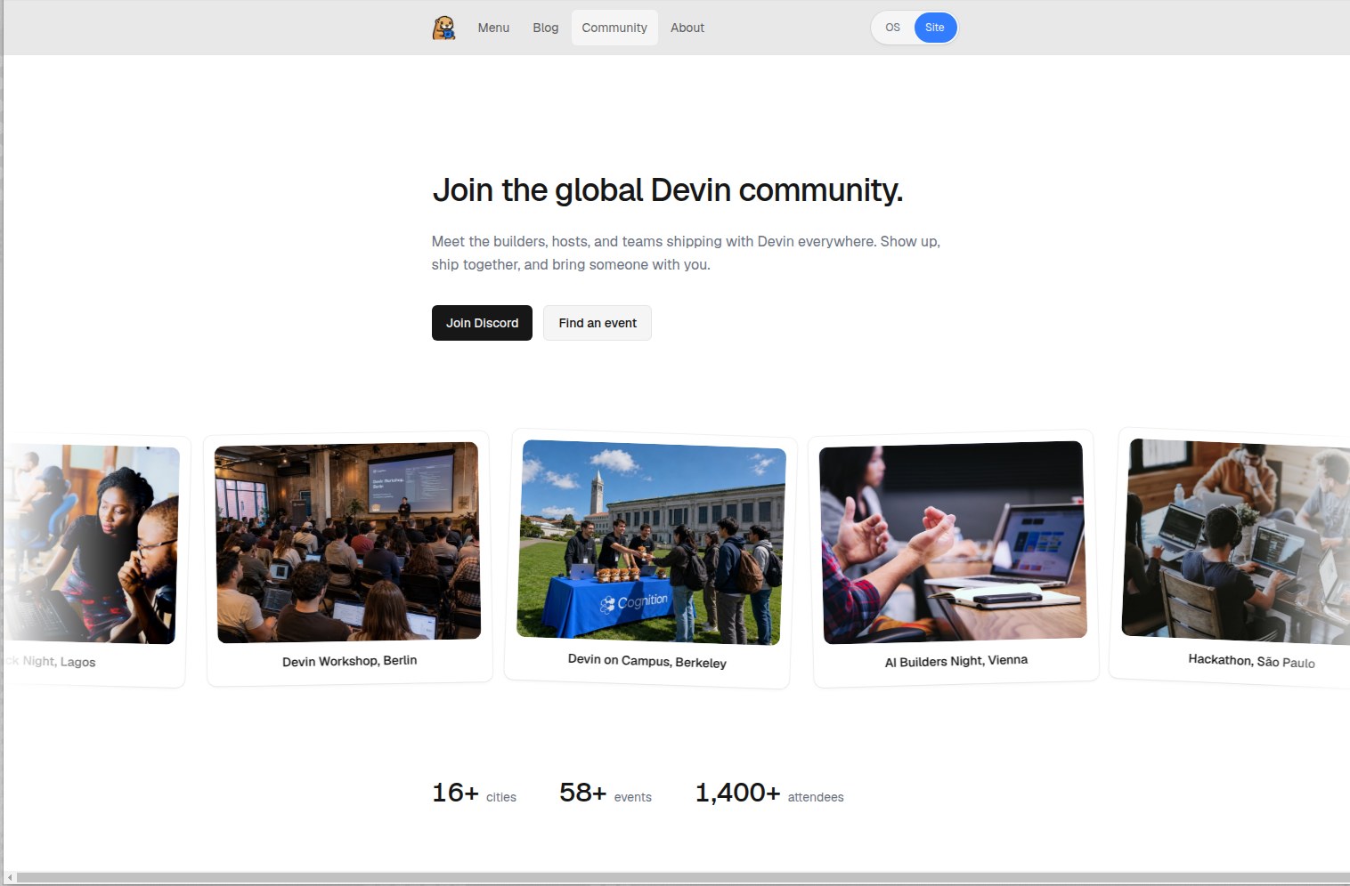 Screenshot of the Community page showing the photo carousel and event counters