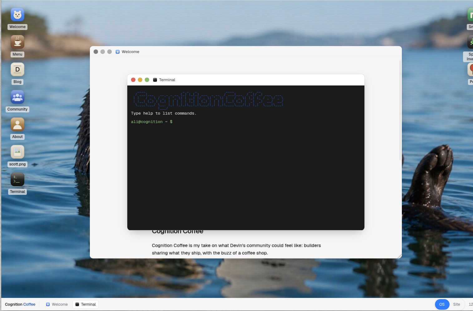 Screenshot of the OS desktop with the otter wallpaper, app icons, and a Terminal window open over the Welcome window