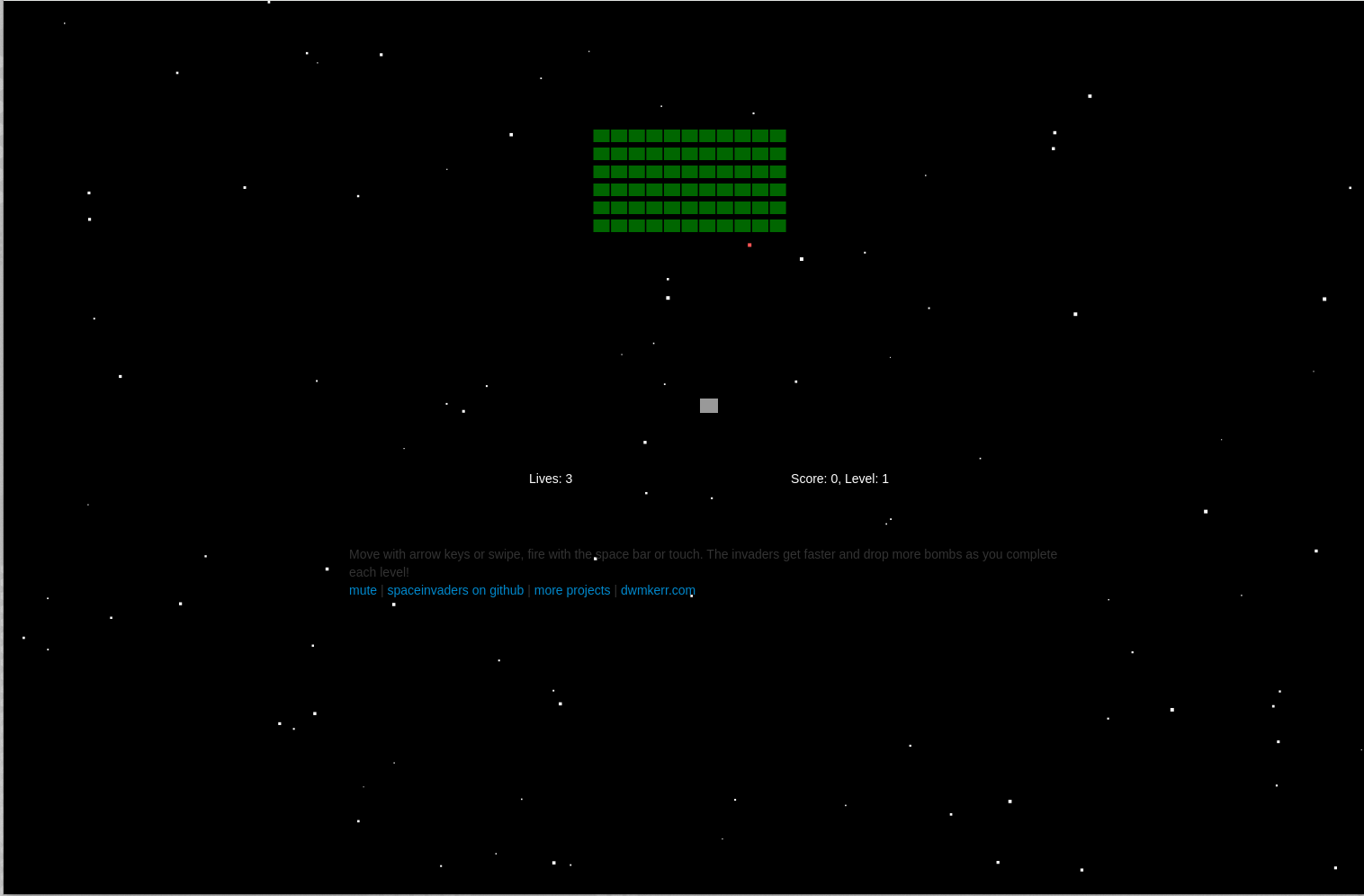 Screenshot of the vendored Space Invaders game in play, with a grid of invaders and the player ship
