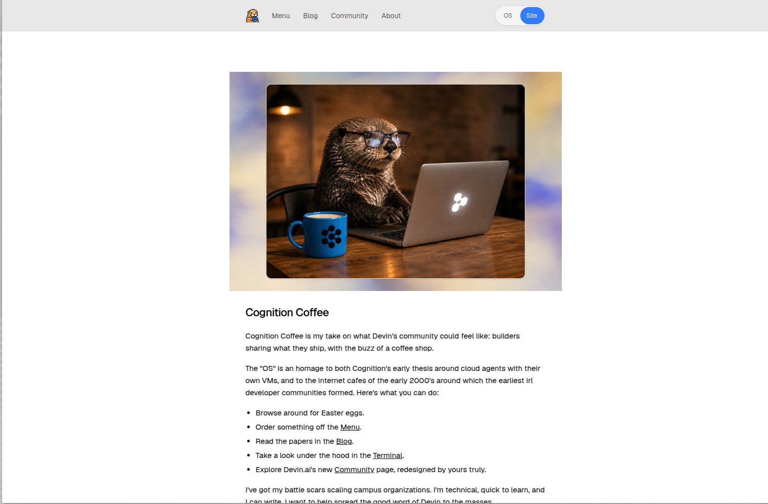Screenshot of the Cognition Coffee home page in site mode